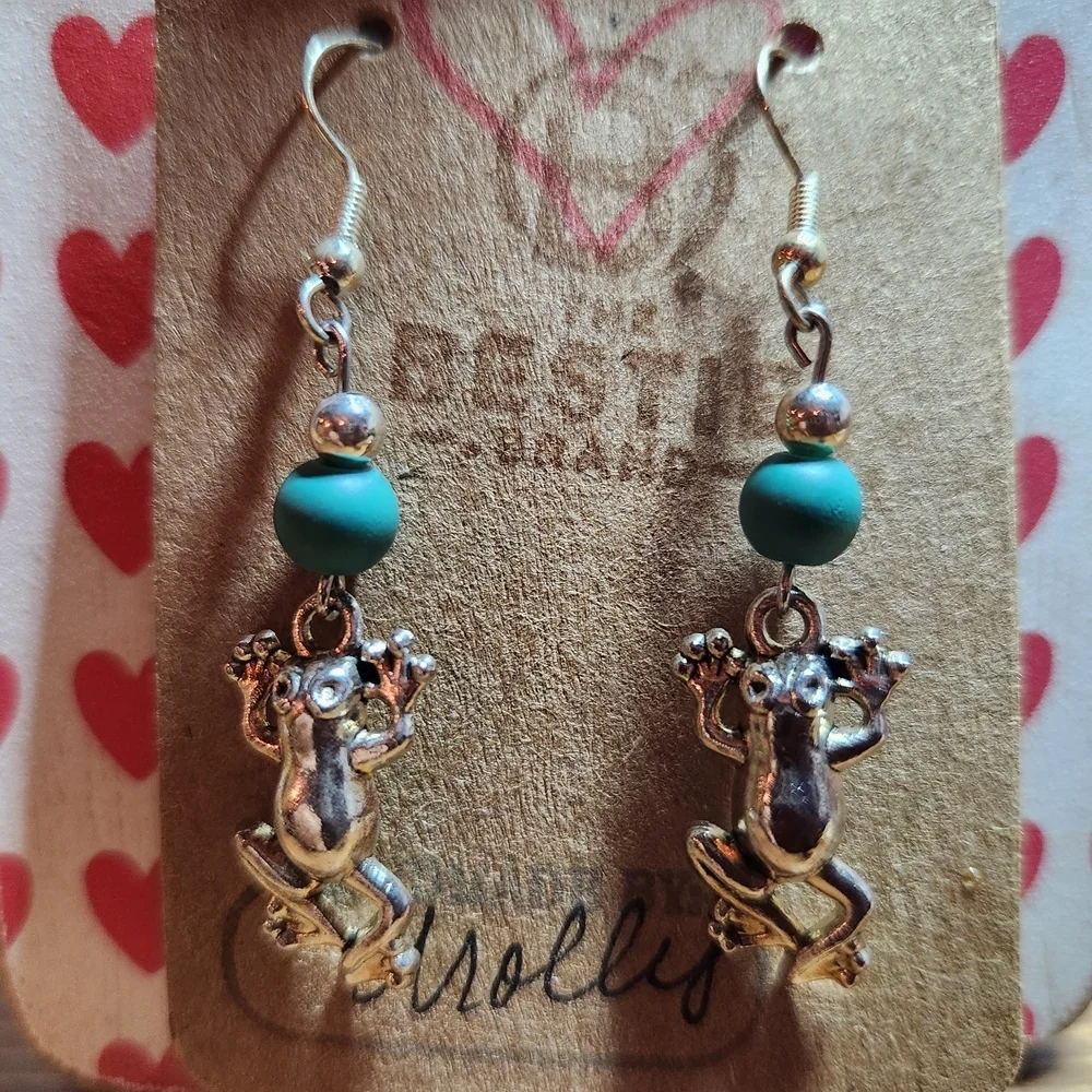 Handmade Silver in Color Frog Charm Dangle Earrings with Teal Bead Accents 🐸